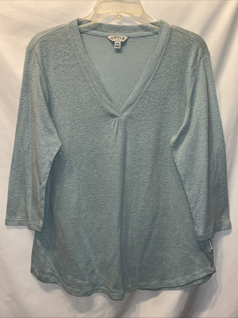 Orvis Women’s Medium Linen Blend Aqua 3/4 Sleeve V Neck Tee Minimalist Beach
